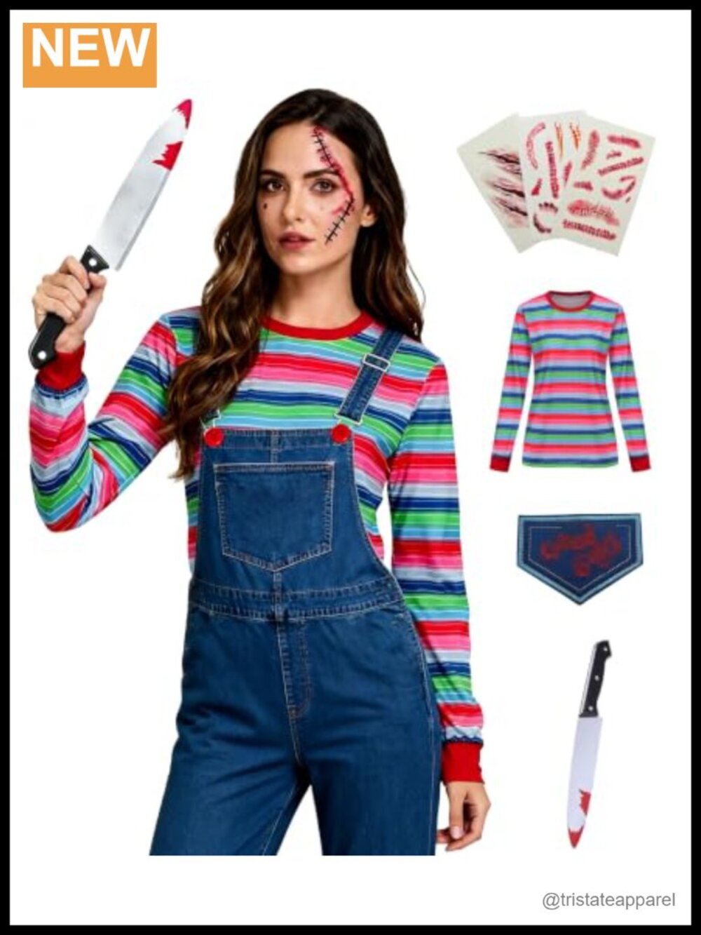 Women's Halloween Rainbow Striped Long Sleeve Cotton Tee with Embroidered Patch